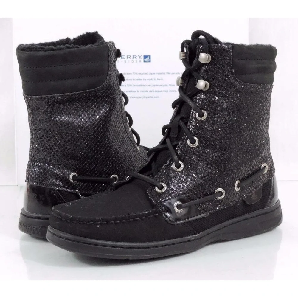 Sperry Top Sider Hiker Fish Boat Boots Lace Up Black Glitter Size 6 - Picture 3 of 8